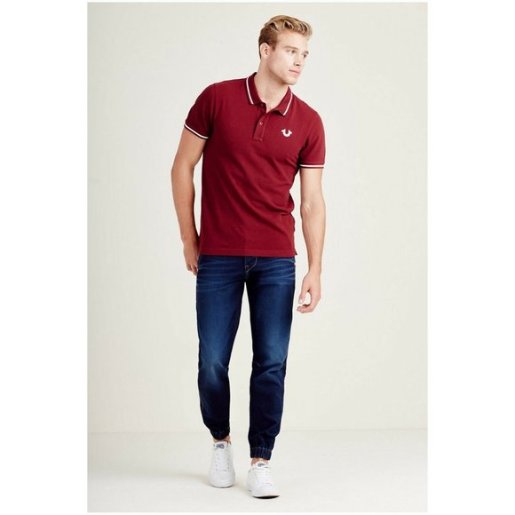 True Religion Men's Crafted With Pride Short Sleeve Polo Shirt in Burgundy - Picture 3 of 6